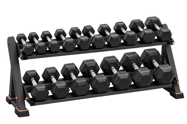Rack compacto con varios pares de mancuernas fijas hexagonales