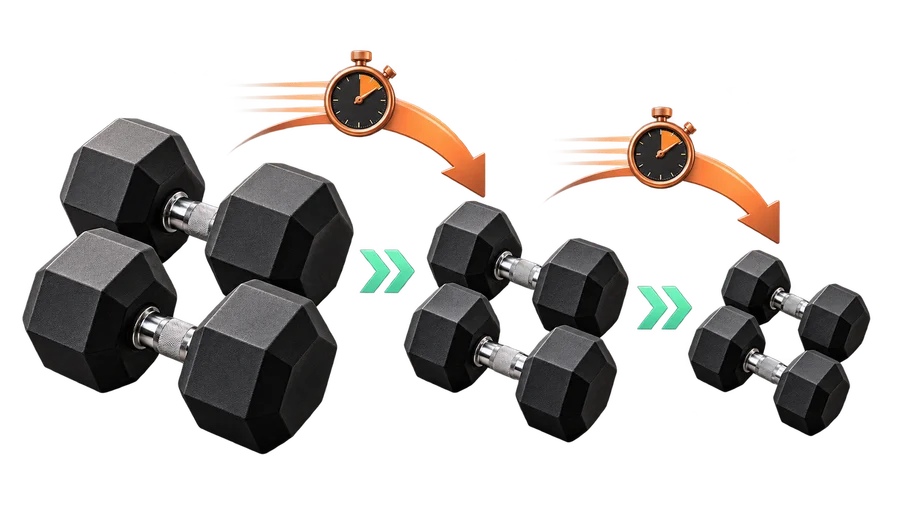 Secuencia de mancuernas fijas de mayor a menor carga para superseries y drop sets