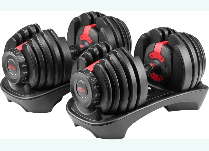 Pareja de mancuernas BowFlex SelectTech 552i sobre sus bandejas