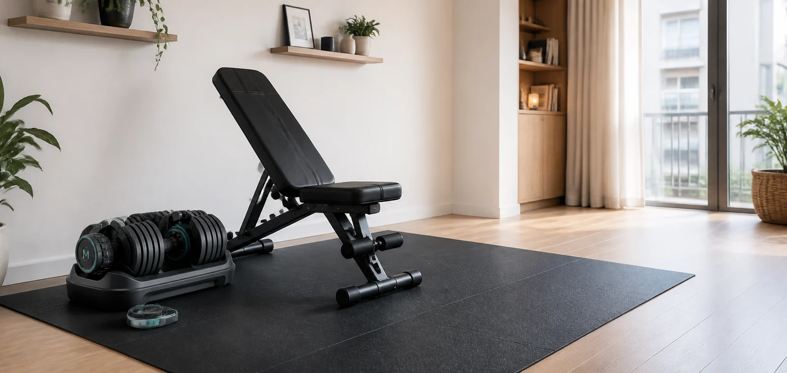 Zona doméstica preparada para entrenar con mancuernas ajustables