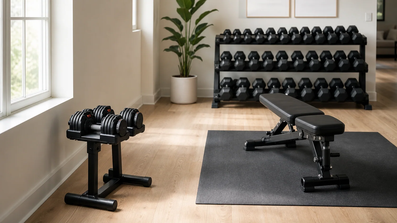 Gimnasio doméstico con una pareja ajustable y un rack de mancuernas fijas