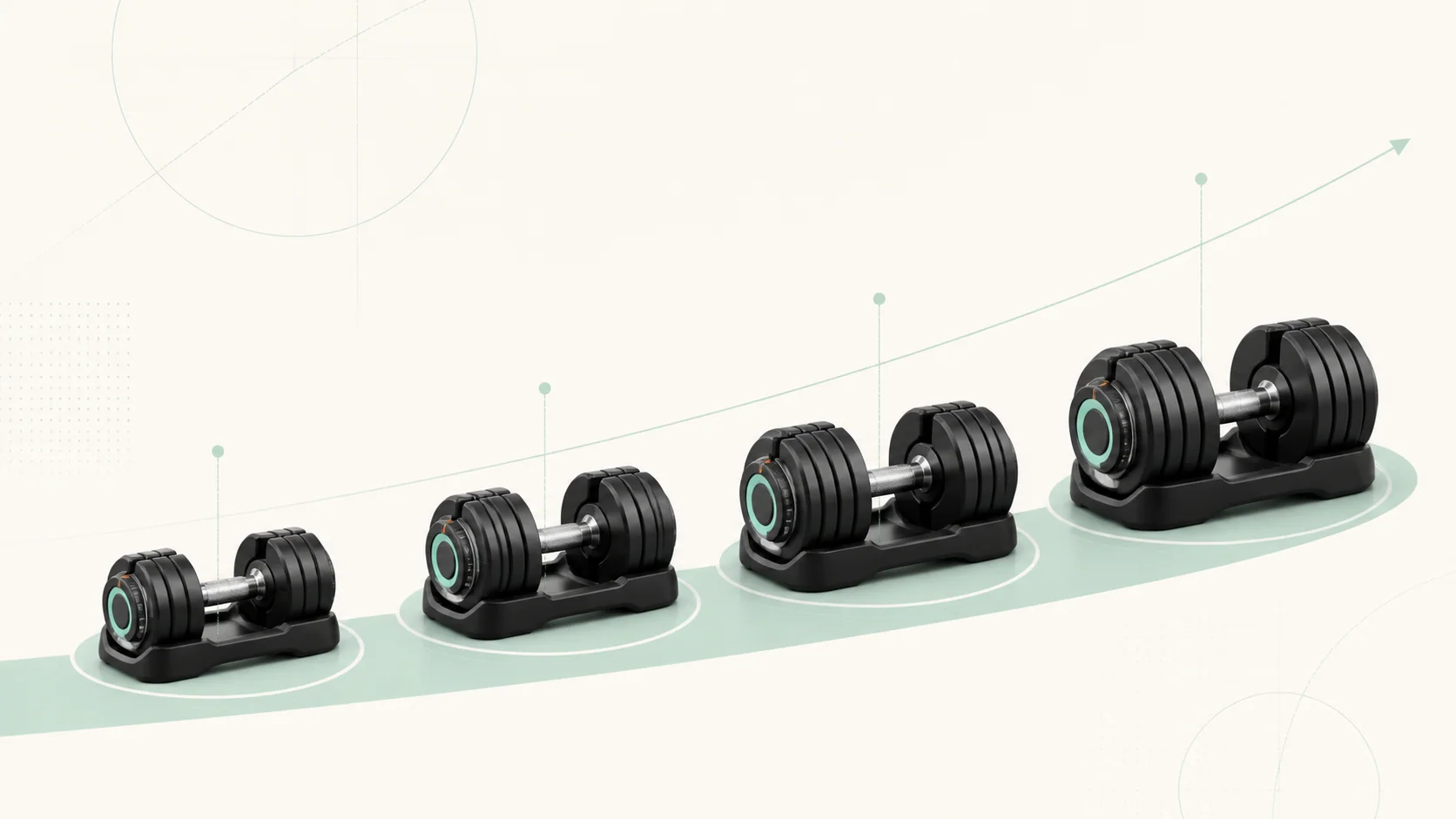 Progresión visual de cuatro mancuernas ajustables desde 24 hasta 50 kg