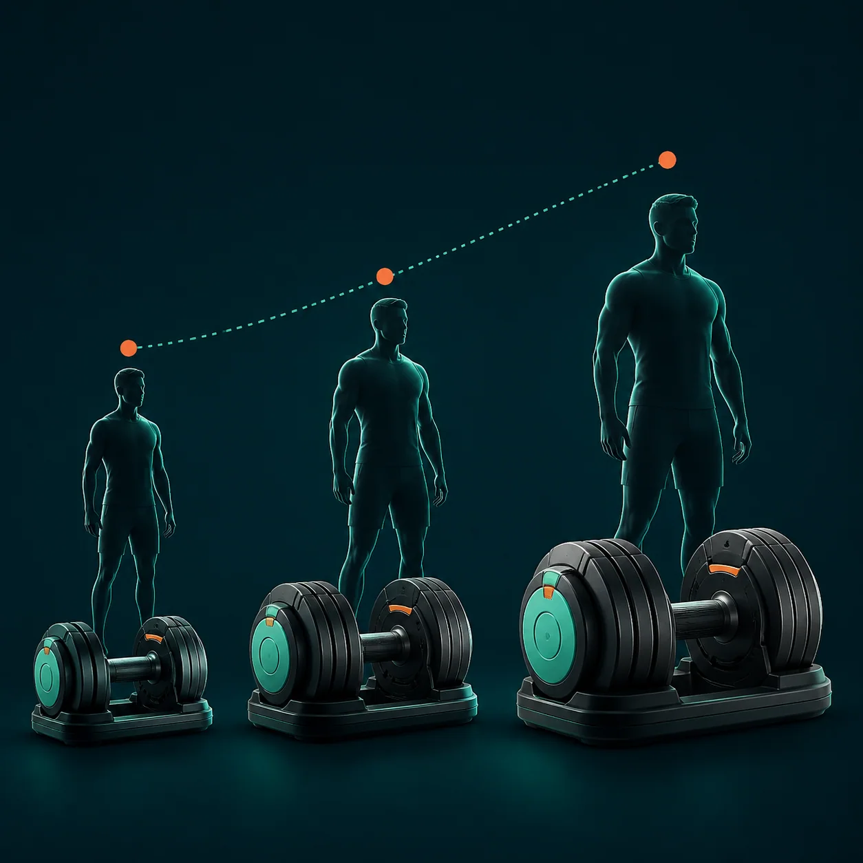 Progresión visual de mancuernas ajustables para tres niveles de entrenamiento