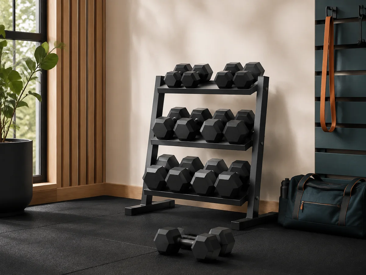 Mancuernas fijas hexagonales listas para entrenar junto a un soporte