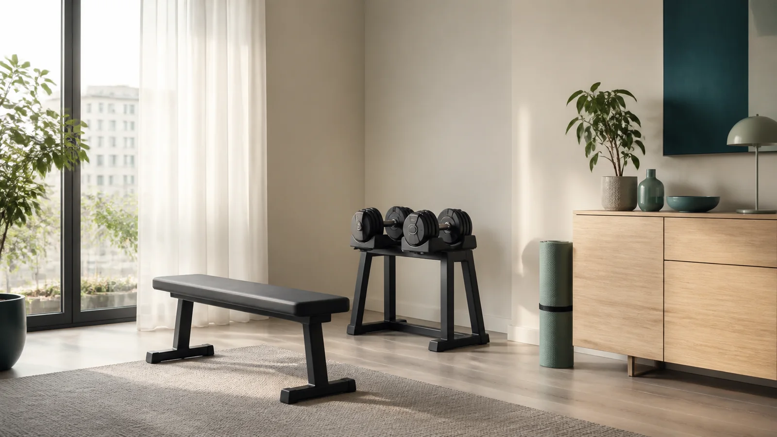 Zona de entrenamiento compacta con mancuernas y banco