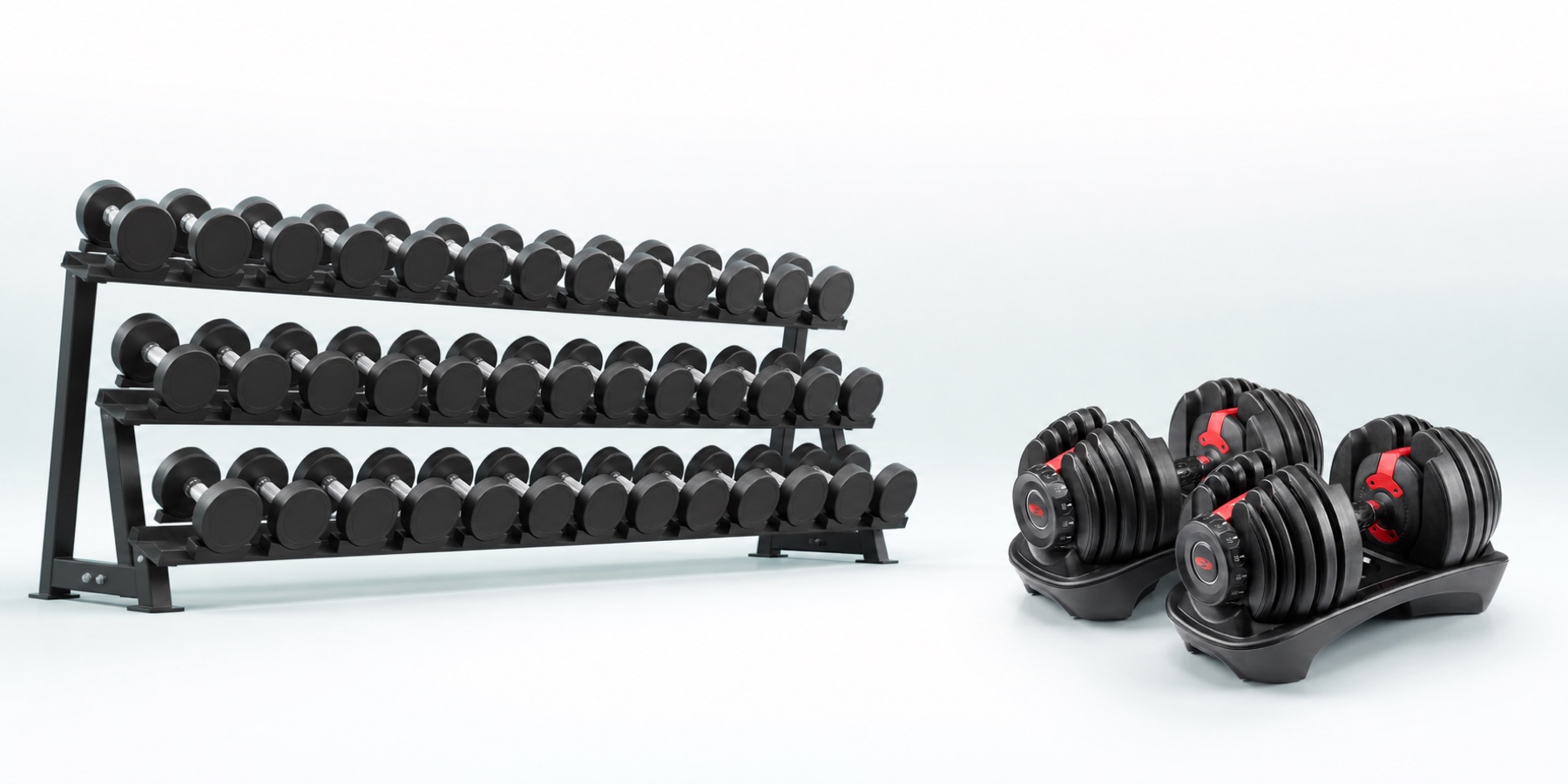 Comparación editorial entre un rack de mancuernas fijas y una pareja BowFlex ajustable