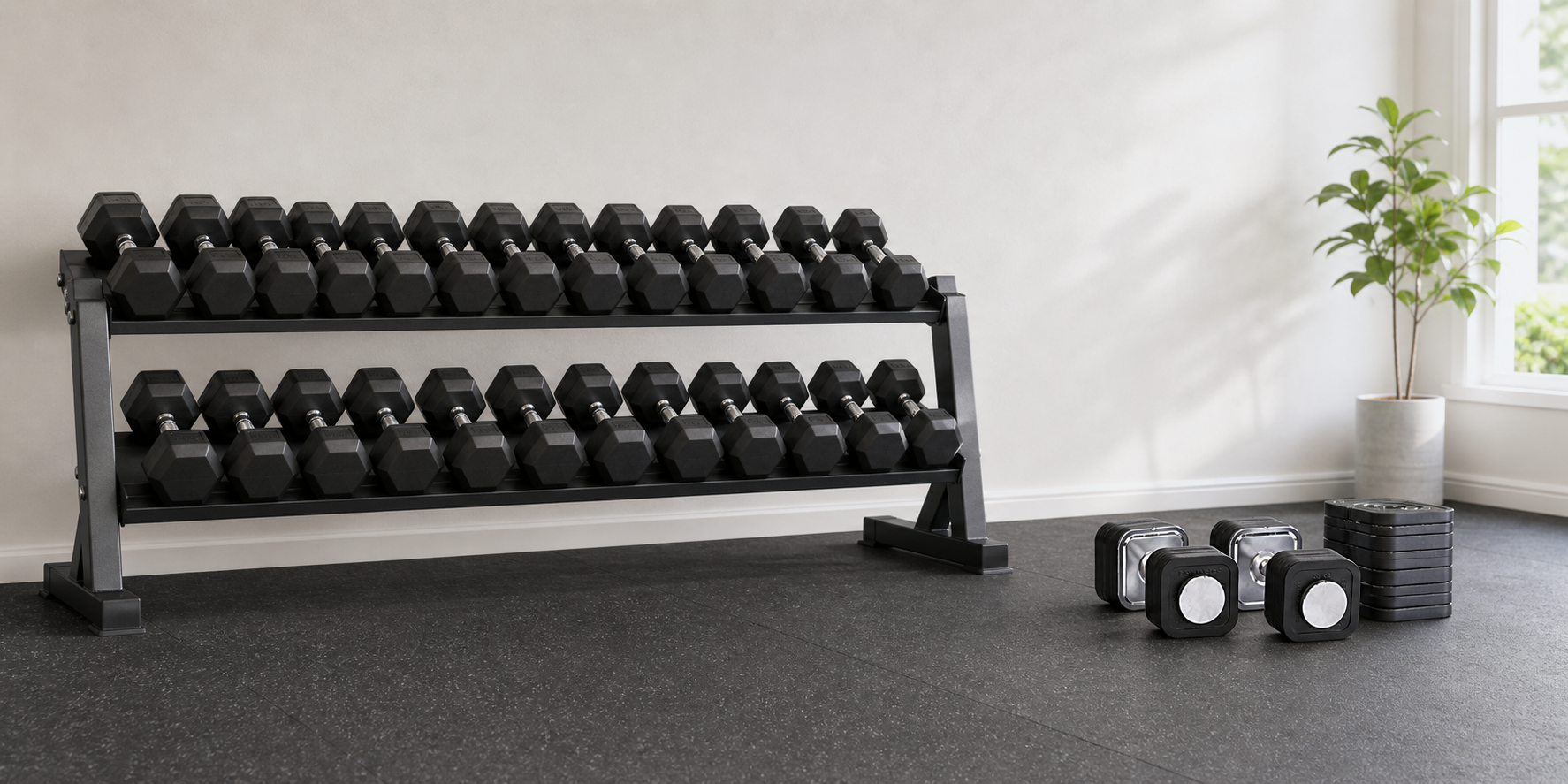 Comparación editorial entre un rack de mancuernas fijas y una pareja Ironmaster ajustable