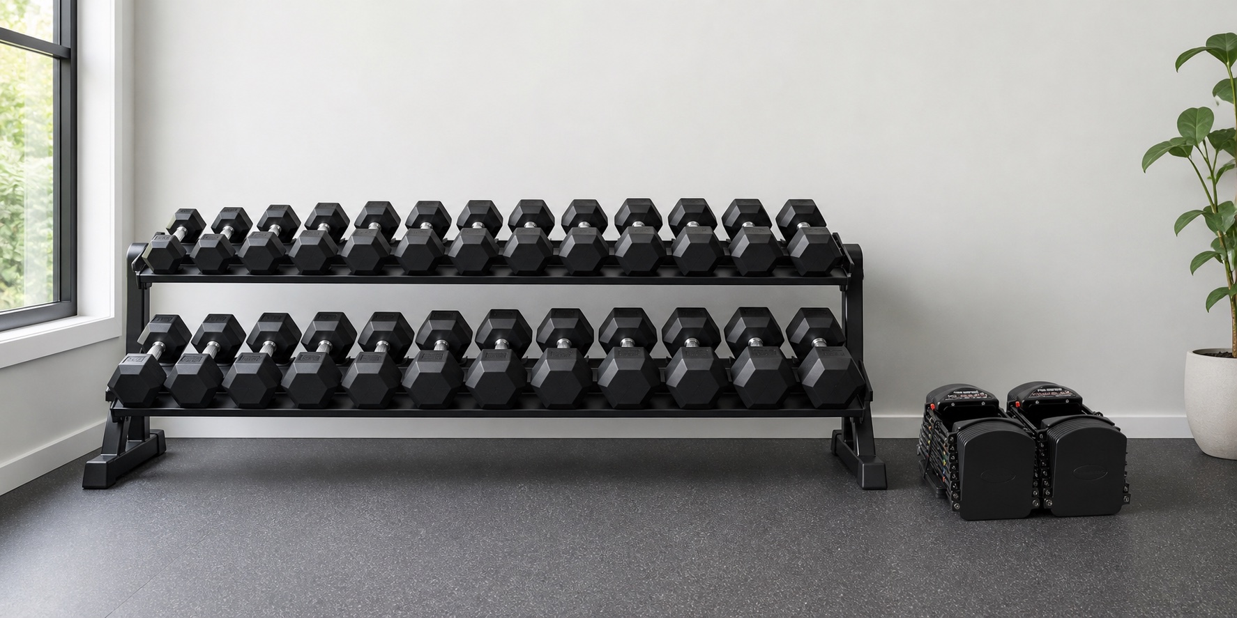 Comparación editorial entre un rack de mancuernas fijas y una pareja PowerBlock ajustable